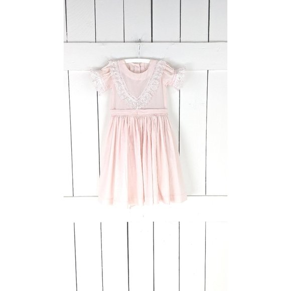 Vintage little girls pink short sleeve lace tulle bib dress